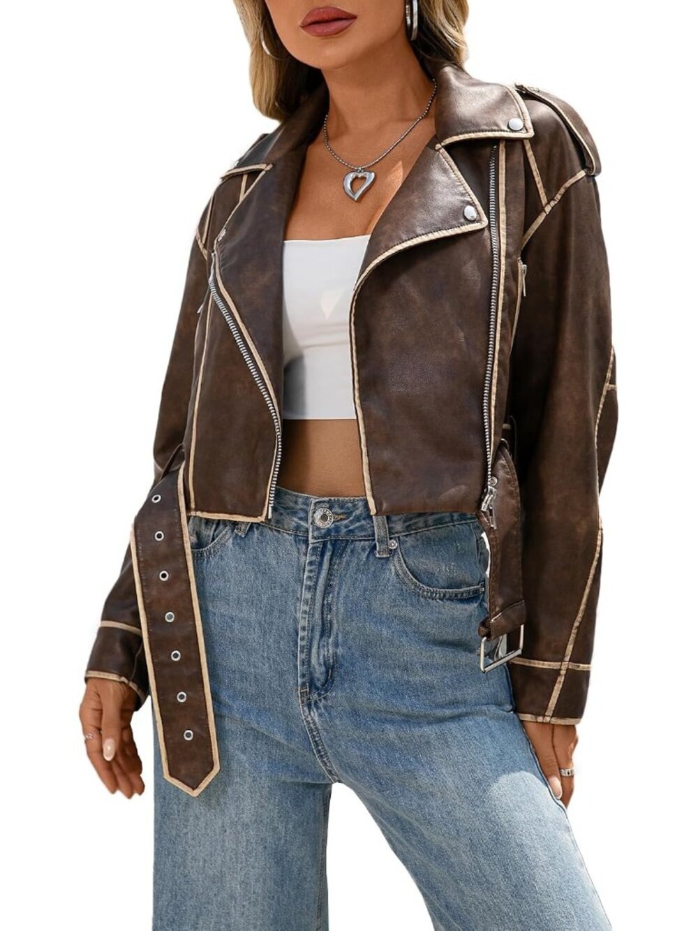 Women's All Brown Faux Leather Cropped Biker Jacket Vintage Short Belted Coat